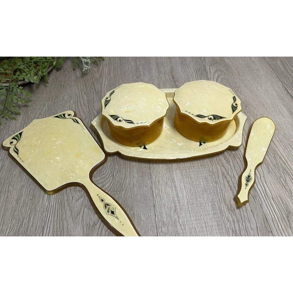 VTG Pyralin Celluloid Pearlized Vanity Set Tray Mirror Shoe Horn Powder Boxes